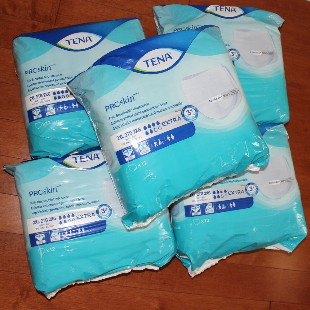 5 x Tena Proskin EXTRA Fully Breathable Underwear 2XL - TOTAL 60pcs USA made